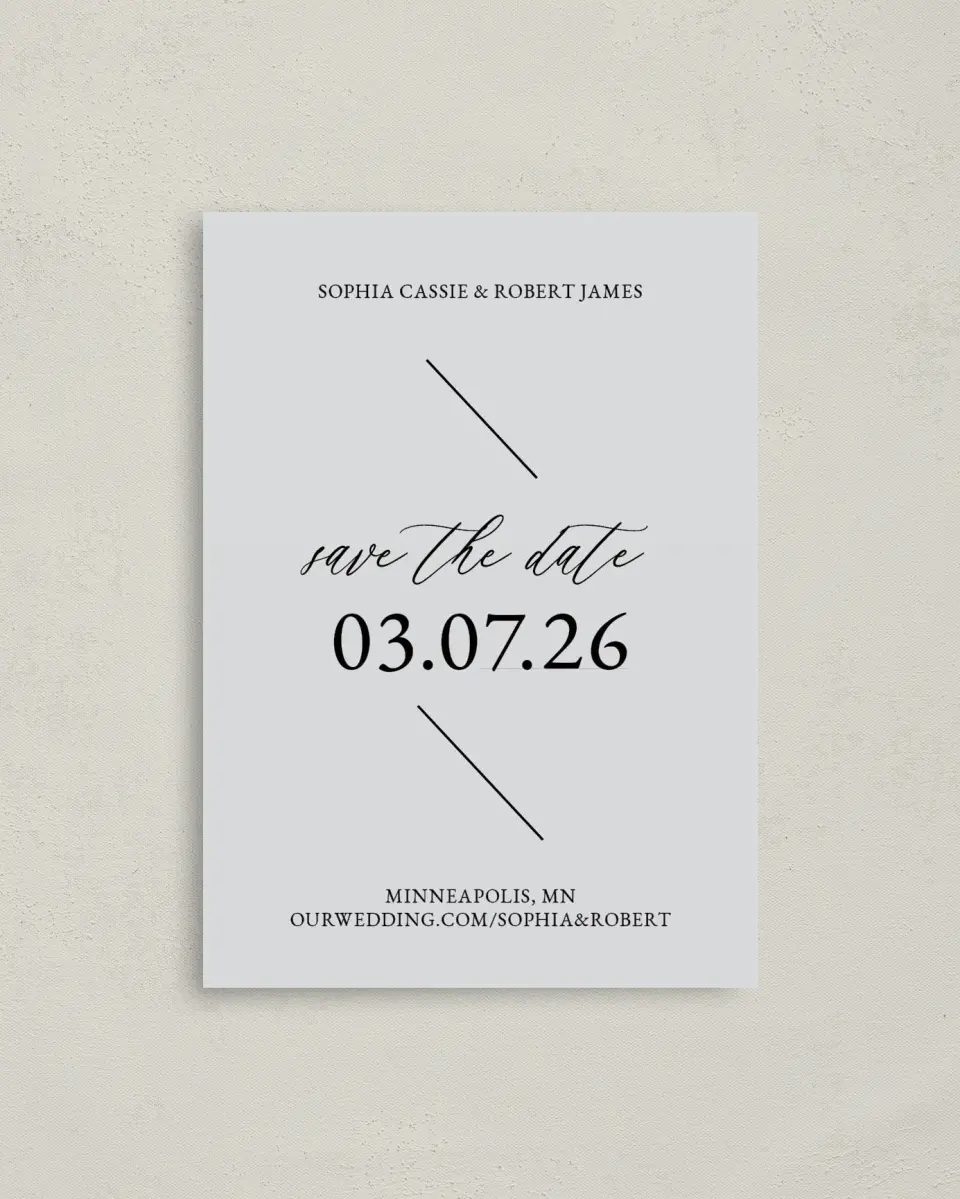 This is a 4" x 5.6" Save the Date Postcard called Magical Love printed in full color with Rose Gold foil on Soft Touch Finish paper