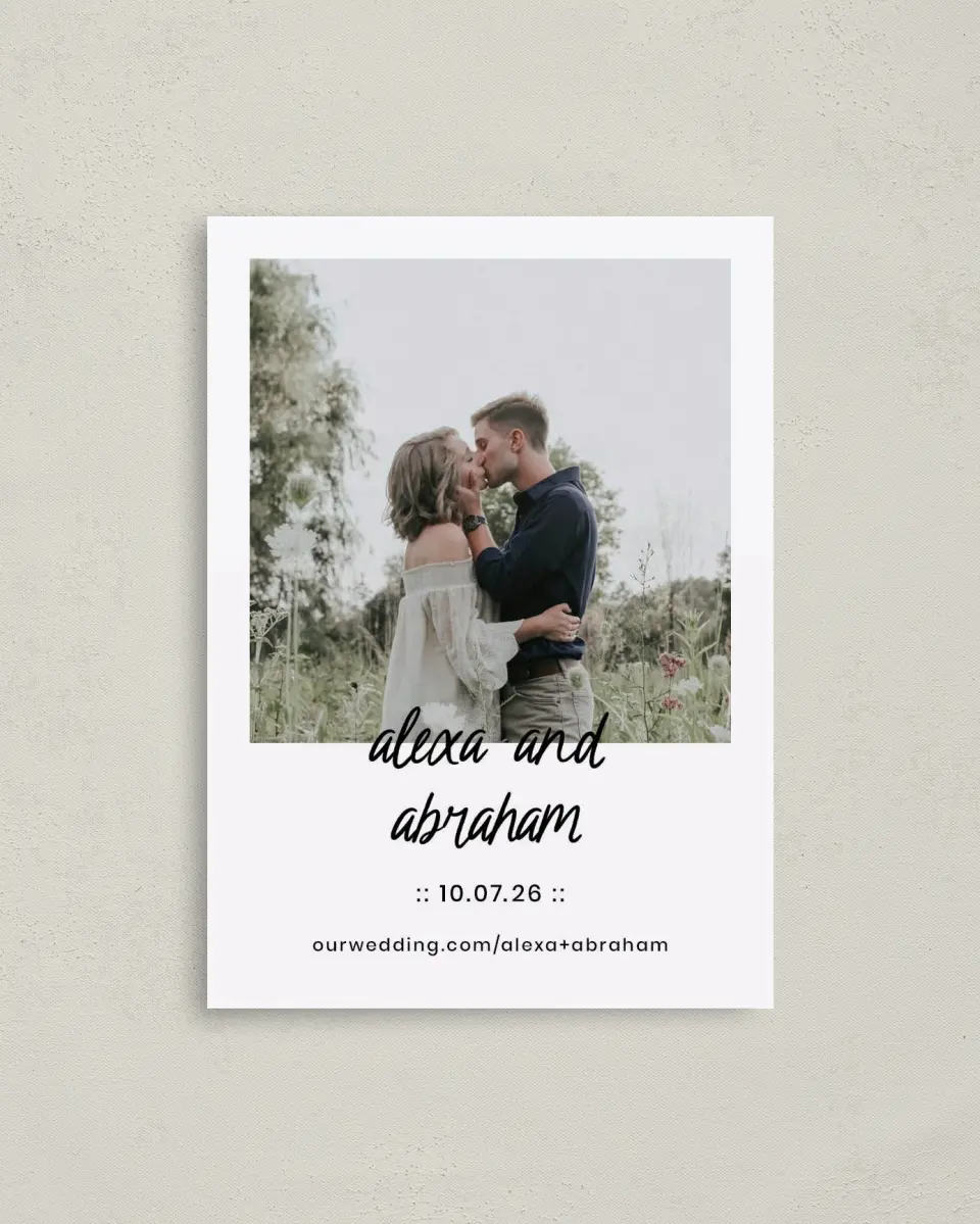 This is a 4" x 5.6" Save the Date Postcard called Simple Things printed in full color with Rose Gold foil on Soft Touch Finish paper