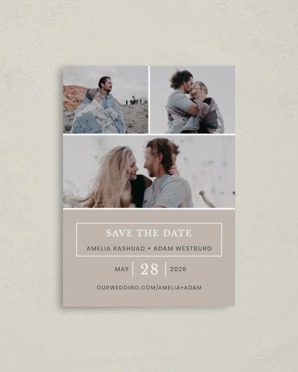 This is a 4" x 5.6" Save the Date Postcard called Sweetly Cozy printed in full color with Rose Gold foil on Soft Touch Finish paper