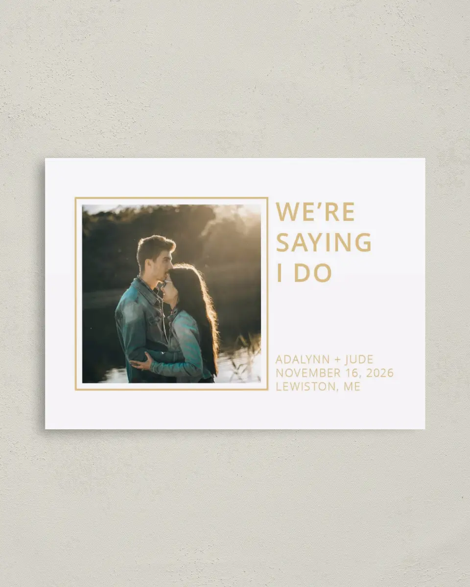 This is a 4" x 5.6" Save the Date Postcard called We're Doing It printed in full color on Soft Touch Finish paper
