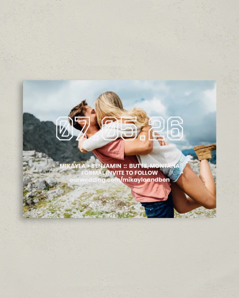 This is a 4" x 5.6" Save the Date Postcard called Blocked Date printed in full color on Soft Touch Finish paper