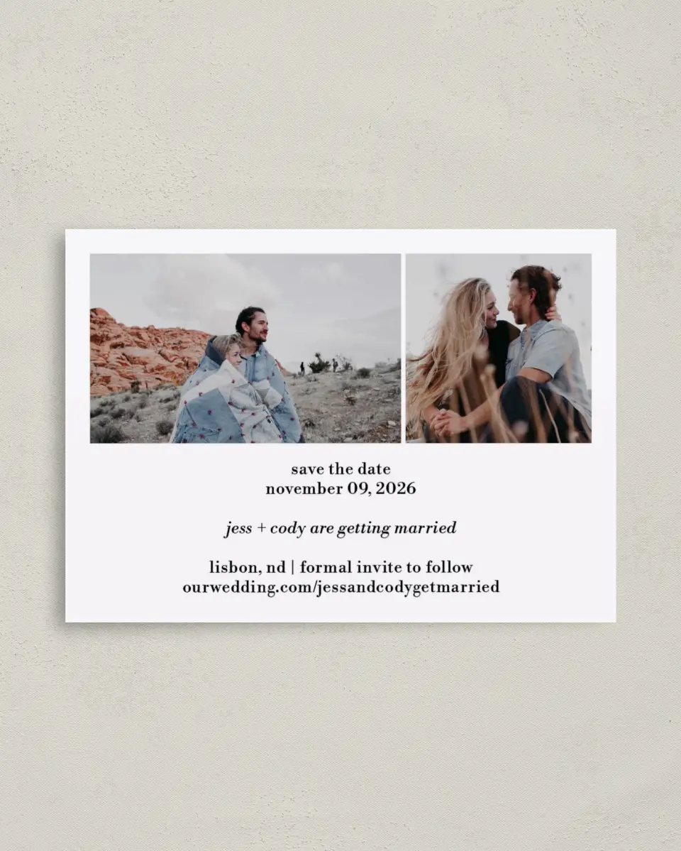 This is a 4" x 5.6" Save the Date Postcard called Soon to be We printed in full color on Soft Touch Finish paper
