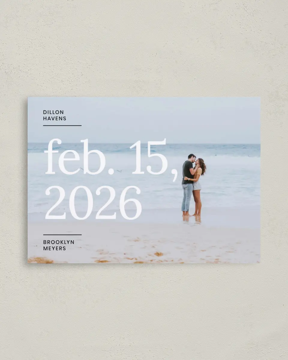 This is a 4" x 5.6" Save the Date Postcard called Daydreams printed in full color on Soft Touch Finish paper
