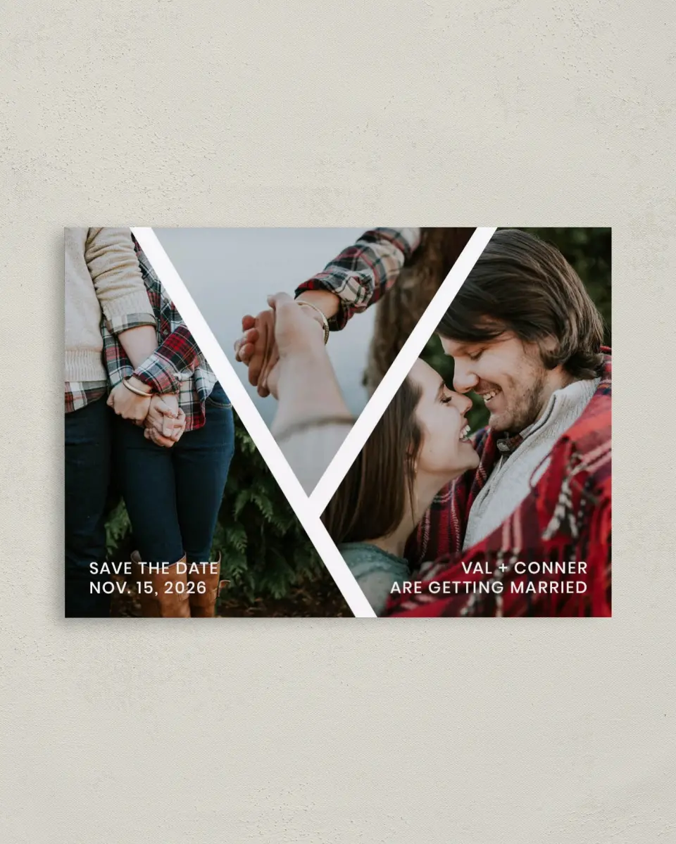 This is a 4" x 5.6" Save the Date Postcard called Criss Cross Crush printed in full color on Soft Touch Finish paper