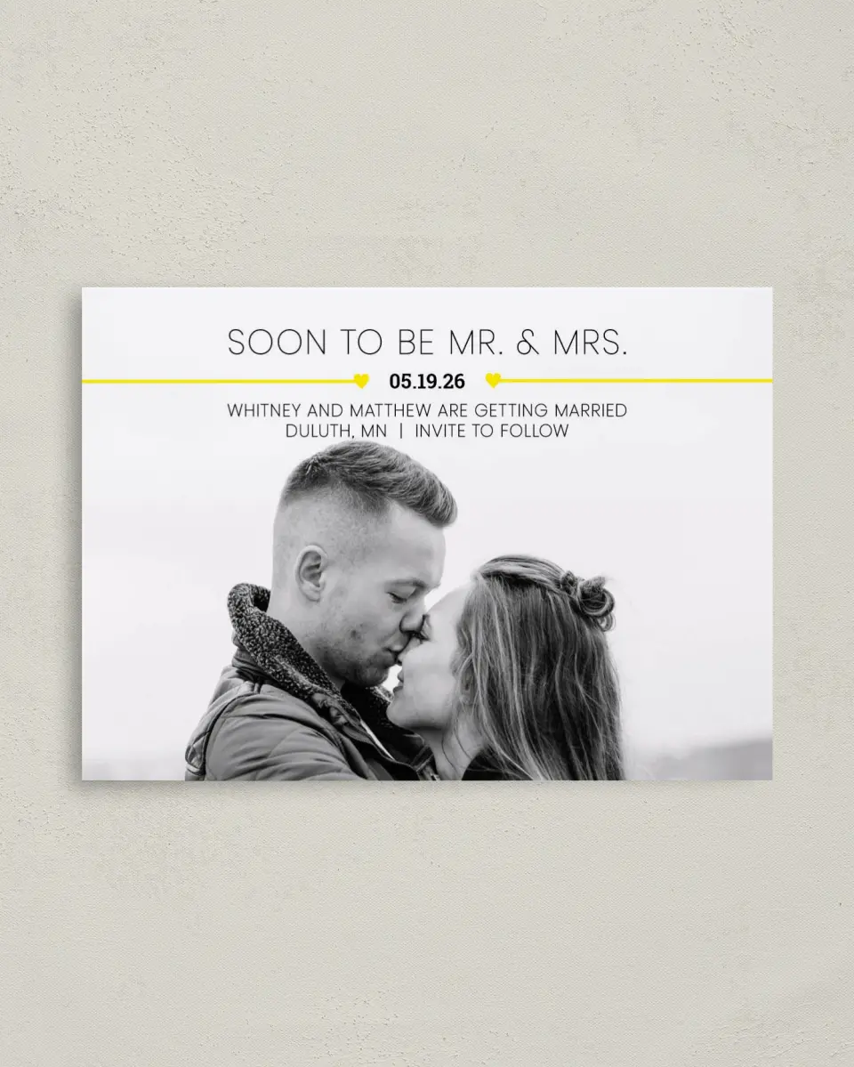 This is a 4" x 5.6" Save the Date Postcard called Hearts Flying printed in full color on Soft Touch Finish paper
