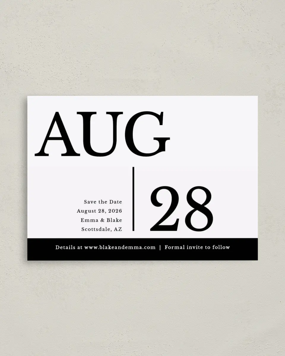 This is a 4" x 5.6" Save the Date Postcard called Our Date is Set printed in full color on Soft Touch Finish paper