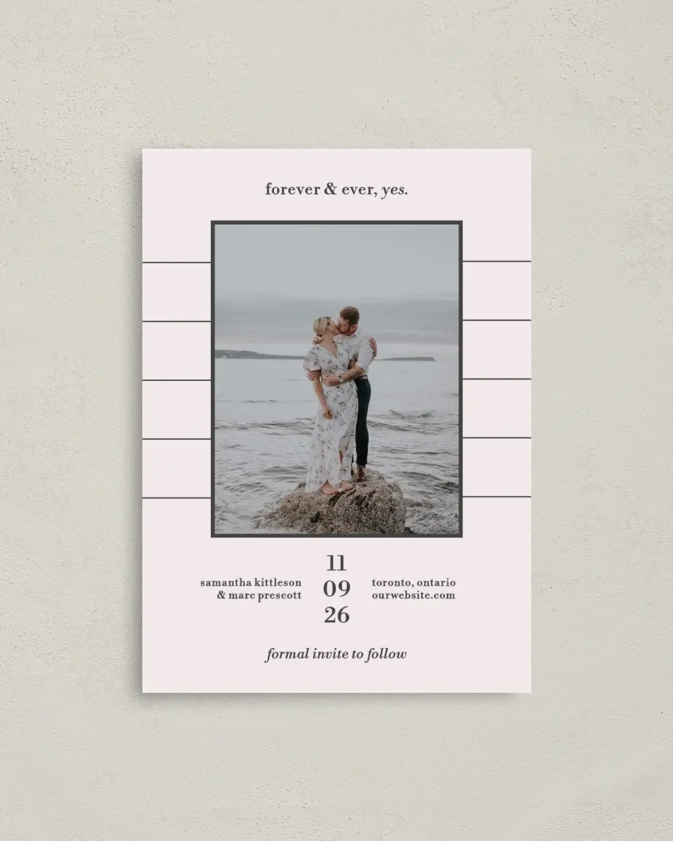 This is a 4" x 5.6" Save the Date Postcard called Yours Forever printed in full color with Rose Gold foil on Soft Touch Finish paper