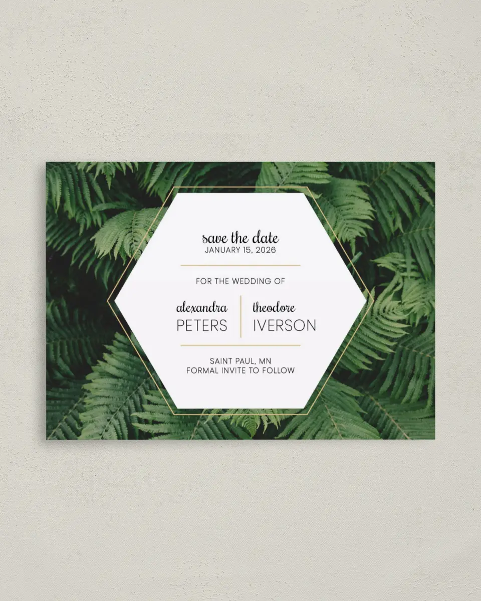 This is a 4" x 5.6" Save the Date Postcard called Simply Striking printed in full color on Soft Touch Finish paper