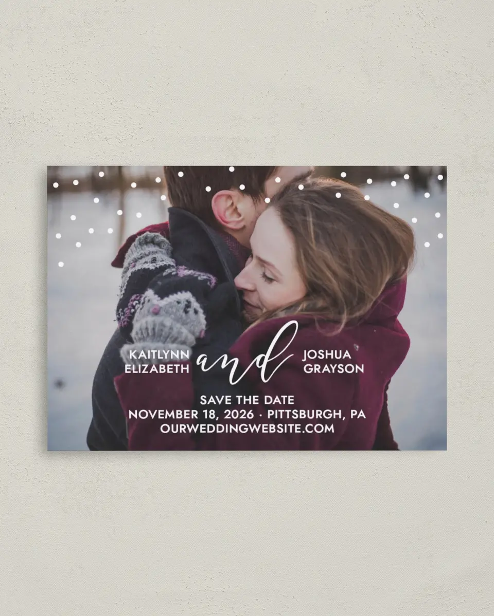 This is a 4" x 5.6" Save the Date Postcard called Brushed Confetti printed in full color on Soft Touch Finish paper