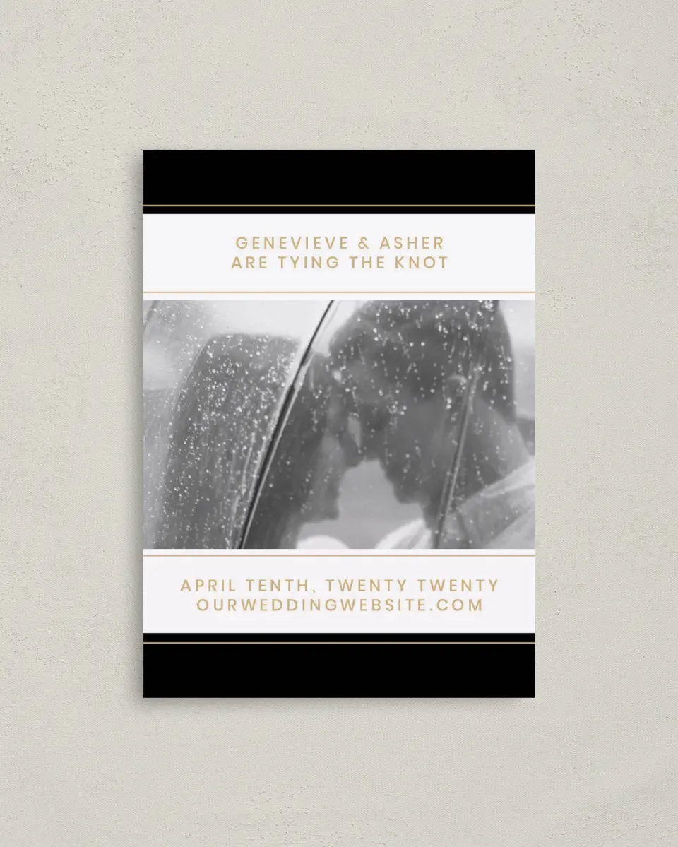 This is a 4" x 5.6" Save the Date Postcard called Bold Intrigue printed in full color on Soft Touch Finish paper