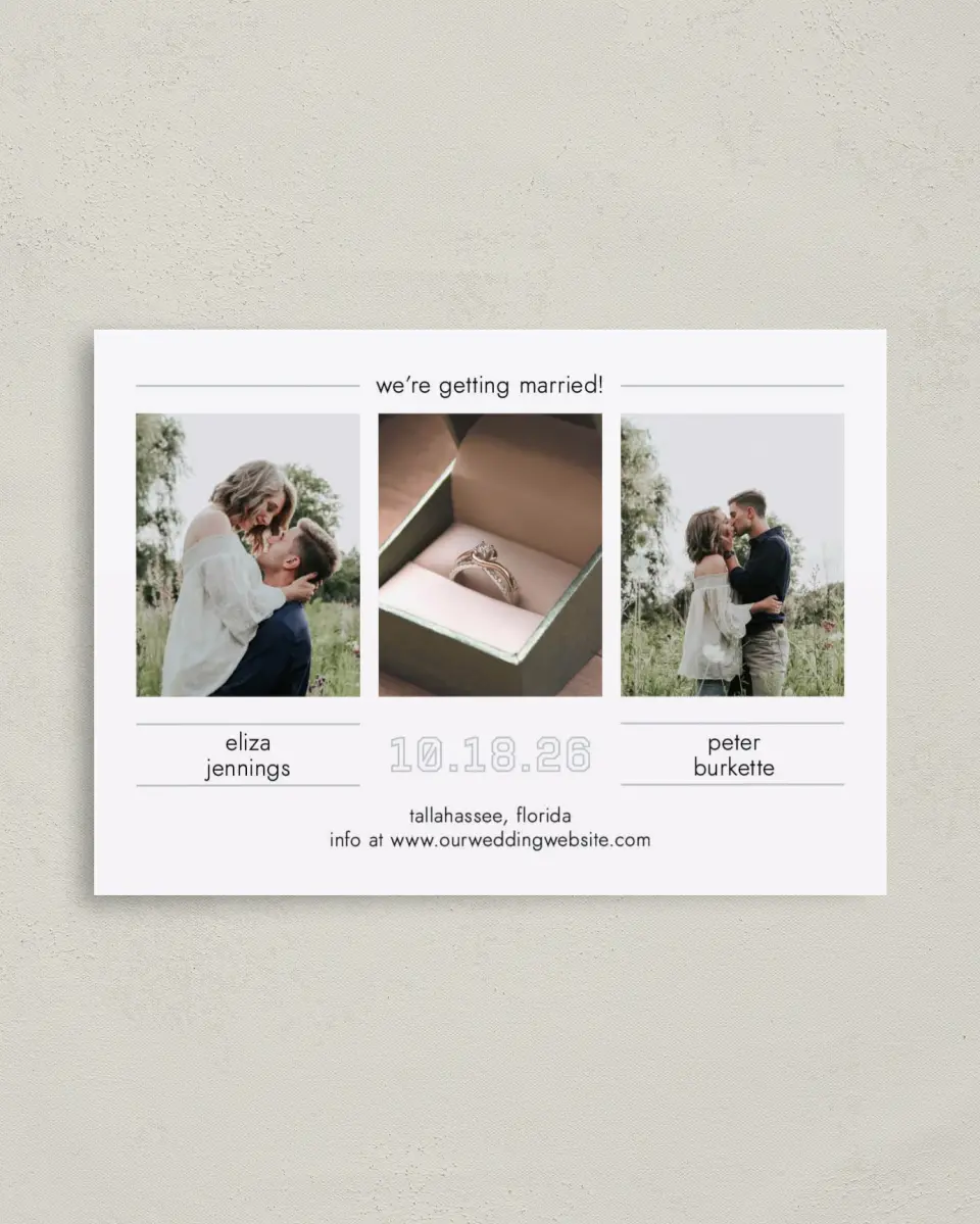 This is a 4" x 5.6" Save the Date Postcard called Happy Tracks printed in full color on Soft Touch Finish paper