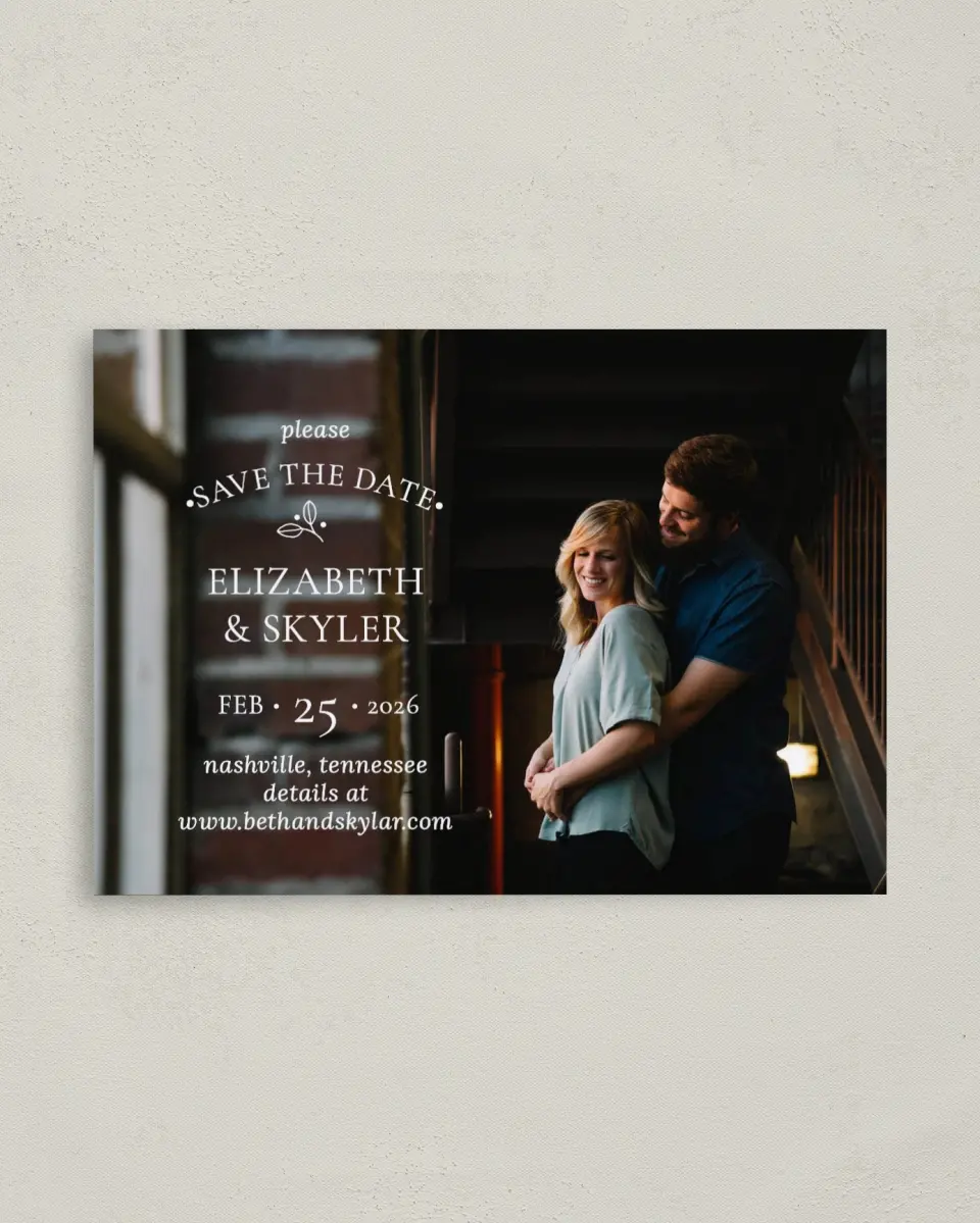 This is a 4" x 5.6" Save the Date Postcard called Whimsy Romance printed in full color on Soft Touch Finish paper
