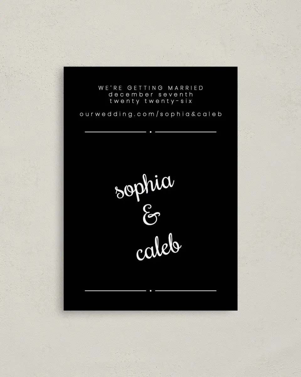 This is a 4" x 5.6" Save the Date Postcard called Sweetly Scripted printed in full color with Rose Gold foil on Soft Touch Finish paper