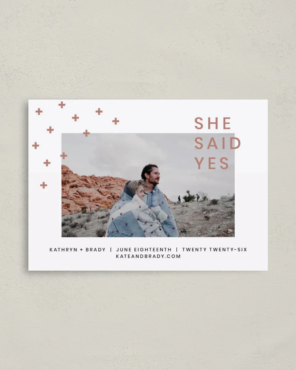 This is a 4" x 5.6" Save the Date Postcard called You + Me printed in full color on Soft Touch Finish paper