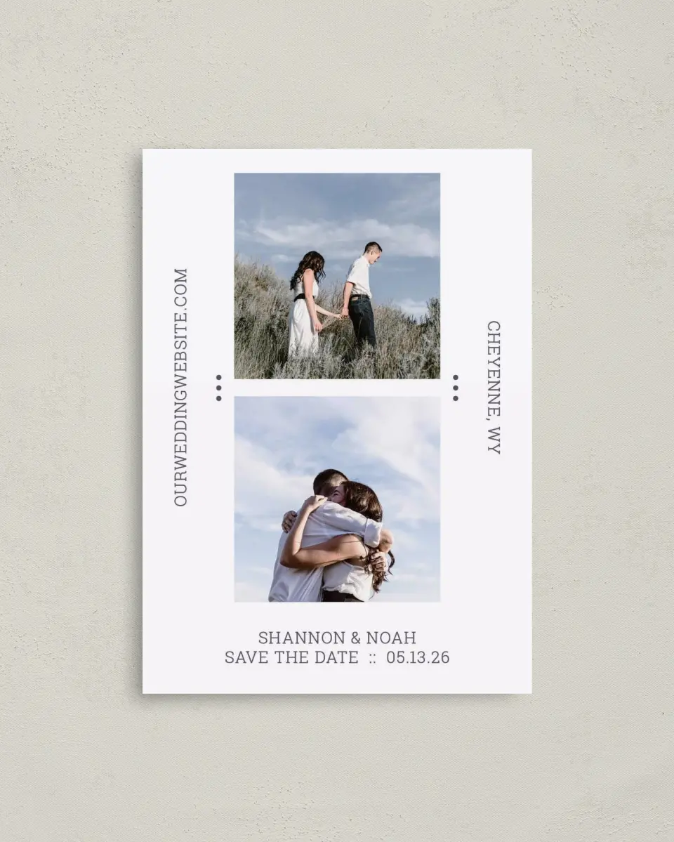 This is a 4" x 5.6" Save the Date Postcard called Only Us printed in full color with Rose Gold foil on Soft Touch Finish paper