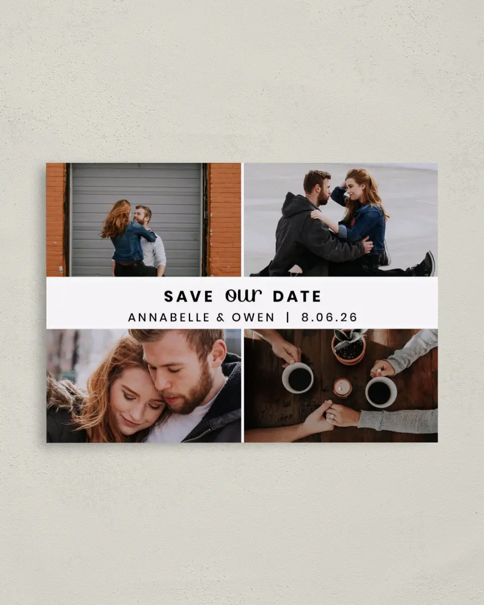 This is a 4" x 5.6" Save the Date Postcard called Headliner Love printed in full color on Soft Touch Finish paper