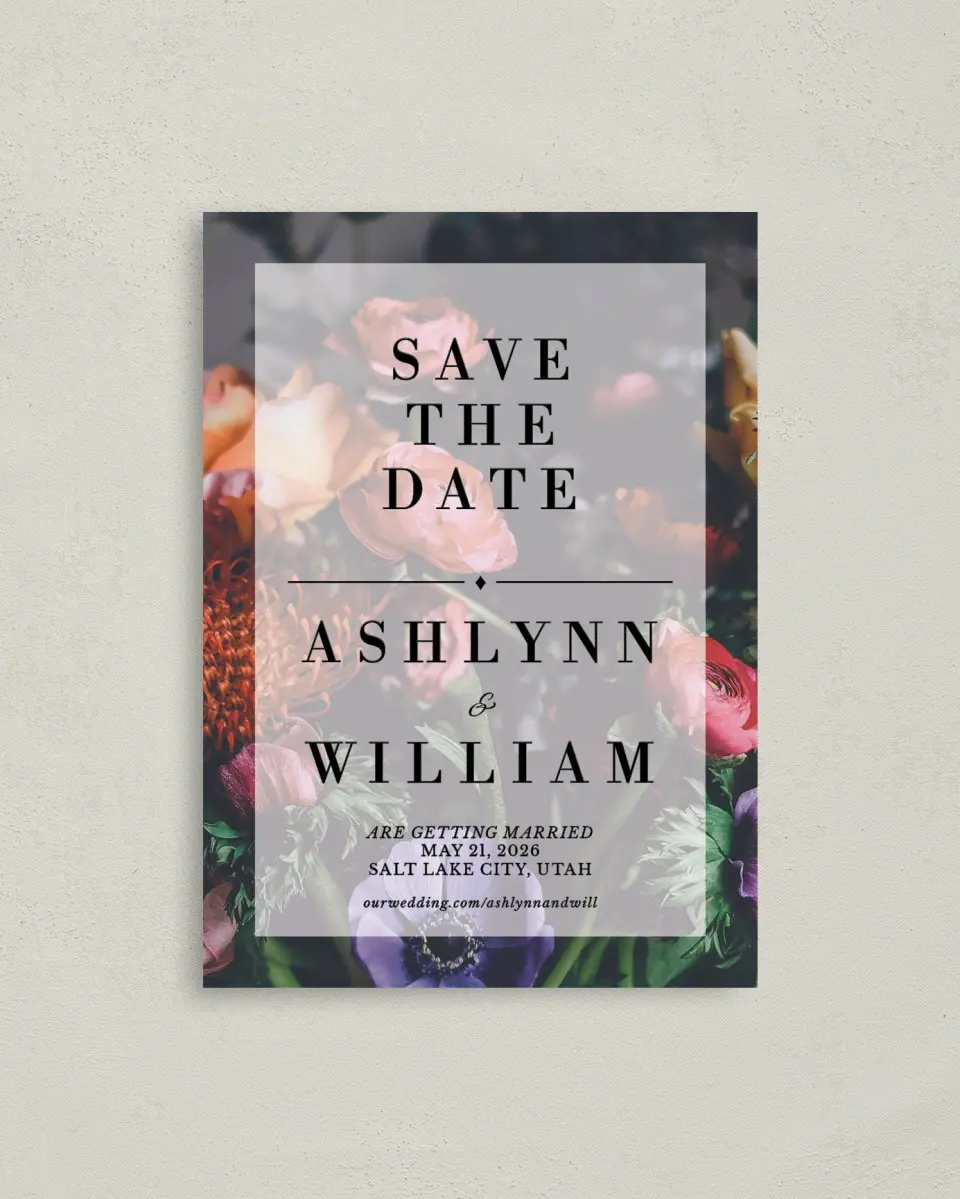This is a 4" x 5.6" Save the Date Postcard called Border Bloom printed in full color on Soft Touch Finish paper