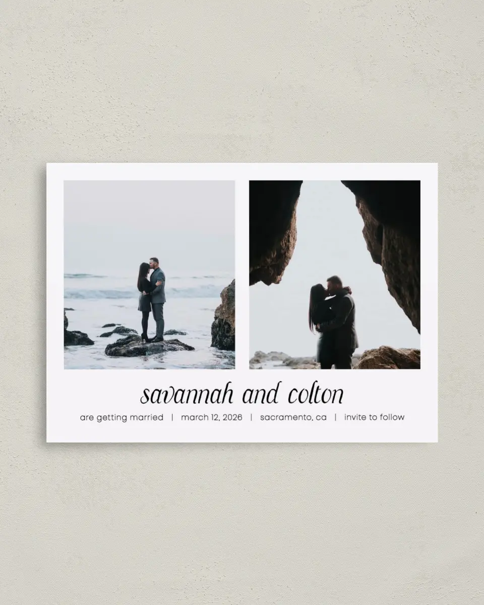 This is a 4" x 5.6" Save the Date Postcard called Happening! printed in full color on Soft Touch Finish paper