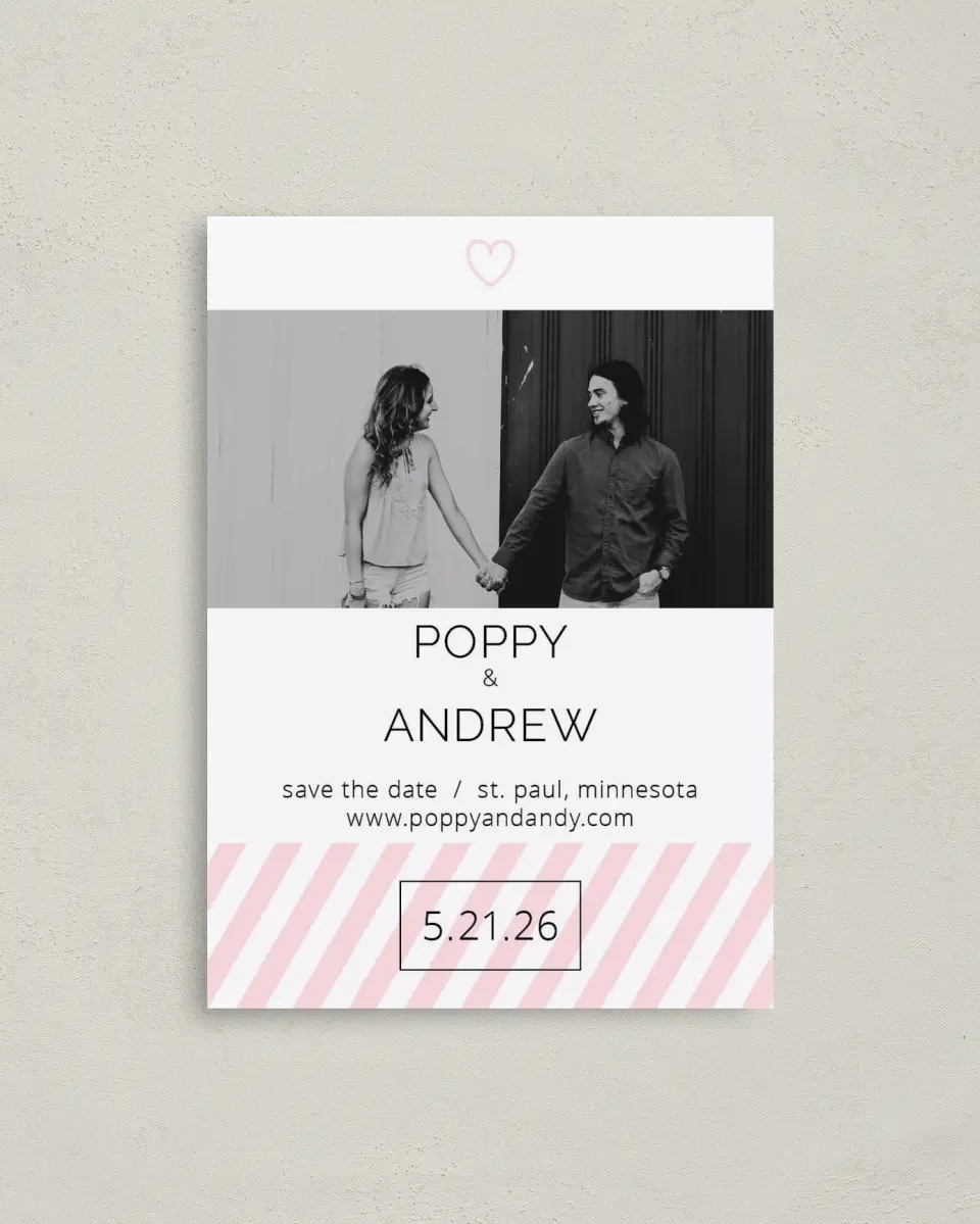 This is a 4" x 5.6" Save the Date Postcard called Love at Last printed in full color with Rose Gold foil on Soft Touch Finish paper