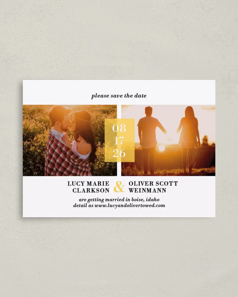 This is a 4" x 5.6" Save the Date Postcard called Love + Sunshine printed in full color on Soft Touch Finish paper
