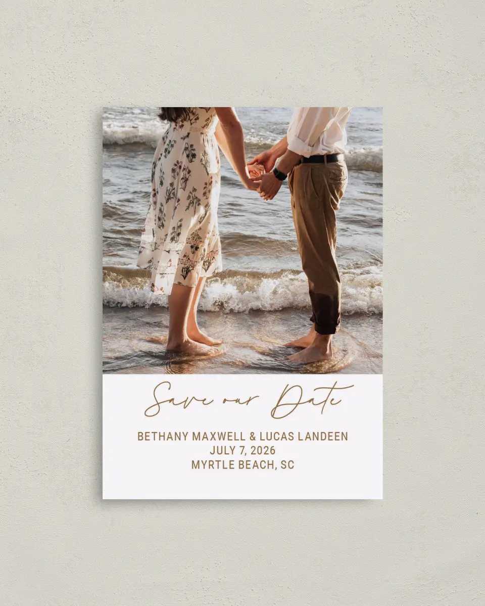 This is a 4" x 5.6" Save the Date Postcard called Forever Stylish printed in full color with Rose Gold foil on Soft Touch Finish paper