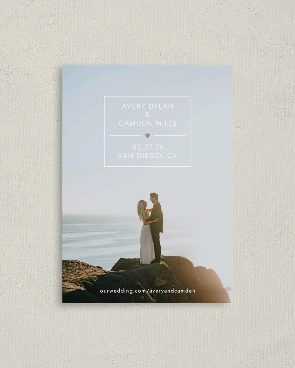 This is a 4" x 5.6" Save the Date Postcard called Majestic Heart printed in full color on Soft Touch Finish paper