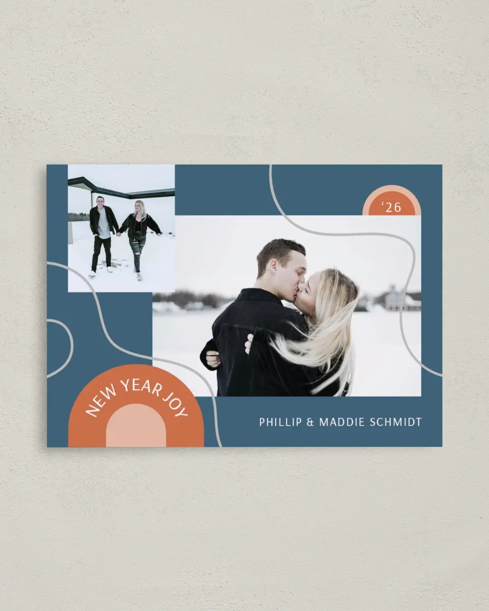 This is a 4" x 5.6" Christmas Card called New Year Joy printed in full color with Silver foil on Soft Suede (coated) paper