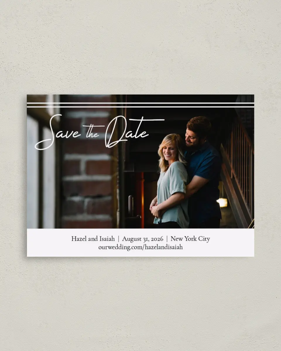This is a 4" x 5.6" Save the Date Postcard called Exquisite Date printed in full color on Soft Touch Finish paper