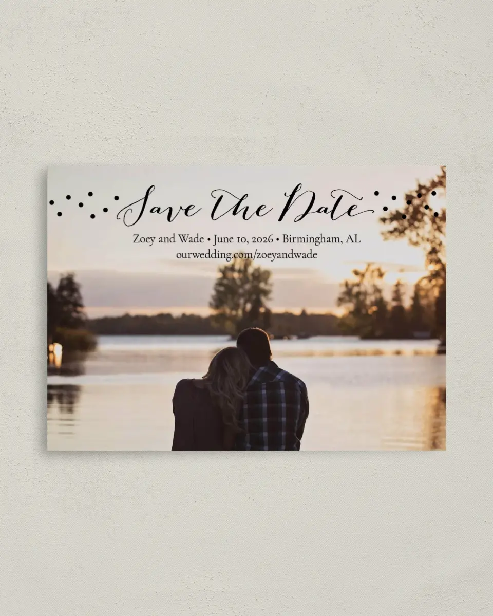 This is a 4" x 5.6" Save the Date Postcard called Crafty Dots printed in full color on Soft Touch Finish paper