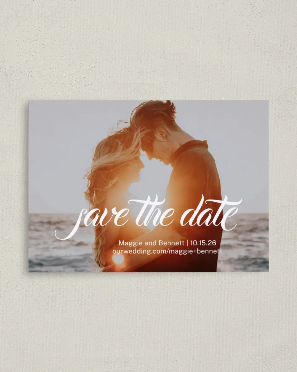 This is a 4" x 5.6" Save the Date Postcard called Our Paradise printed in full color on Soft Touch Finish paper