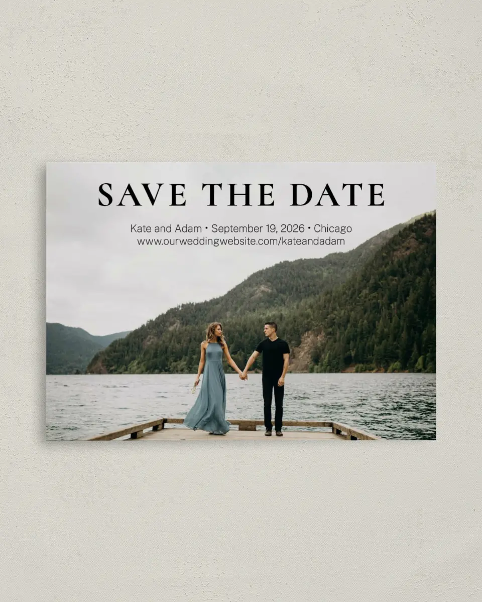 This is a 4" x 5.6" Save the Date Postcard called Forever Us printed in full color on Soft Touch Finish paper