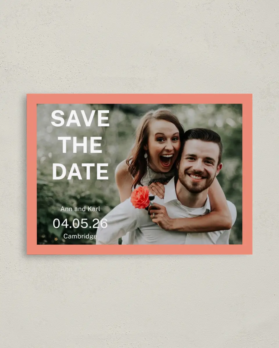 This is a 4" x 5.6" Save the Date Postcard called Joyous Expression printed in full color on Soft Touch Finish paper