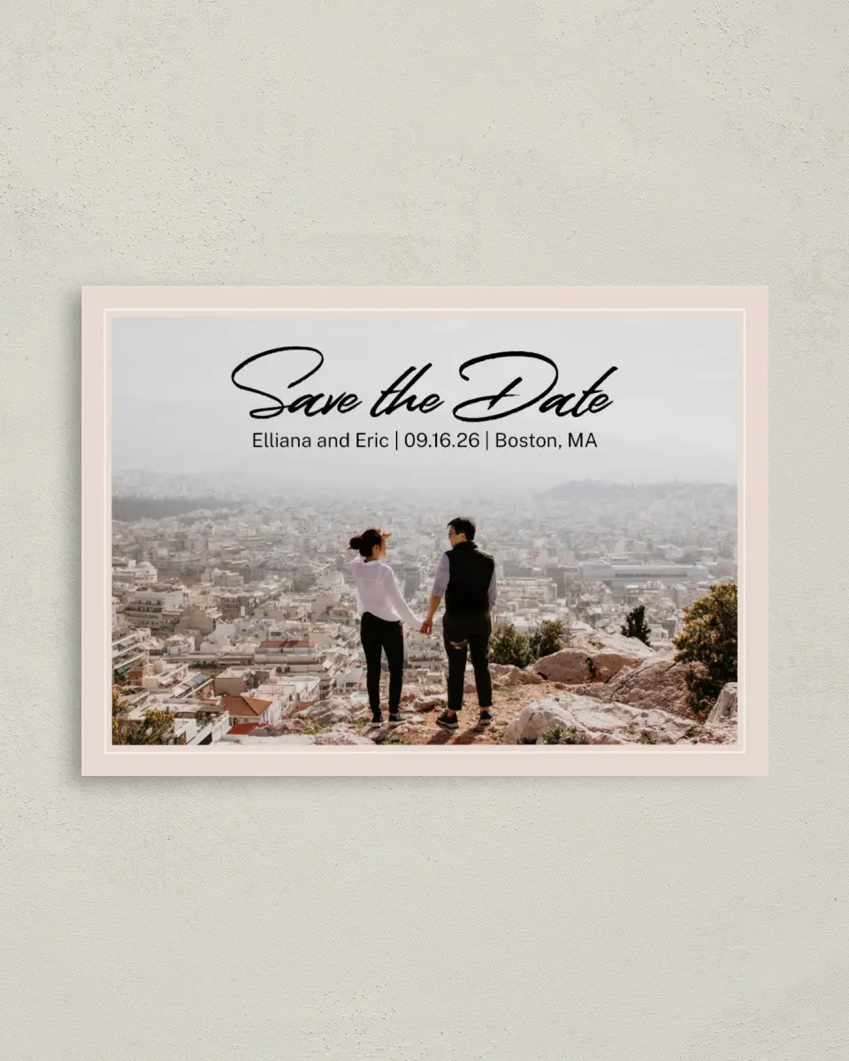 This is a 4" x 5.6" Save the Date Postcard called A Lovely Day printed in full color on Soft Touch Finish paper