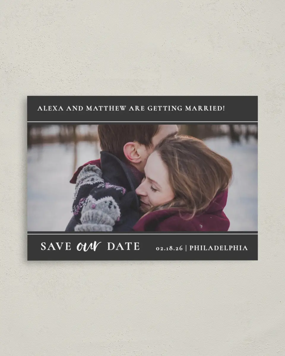 This is a 4" x 5.6" Save the Date Postcard called Dashing Date printed in full color on Soft Touch Finish paper