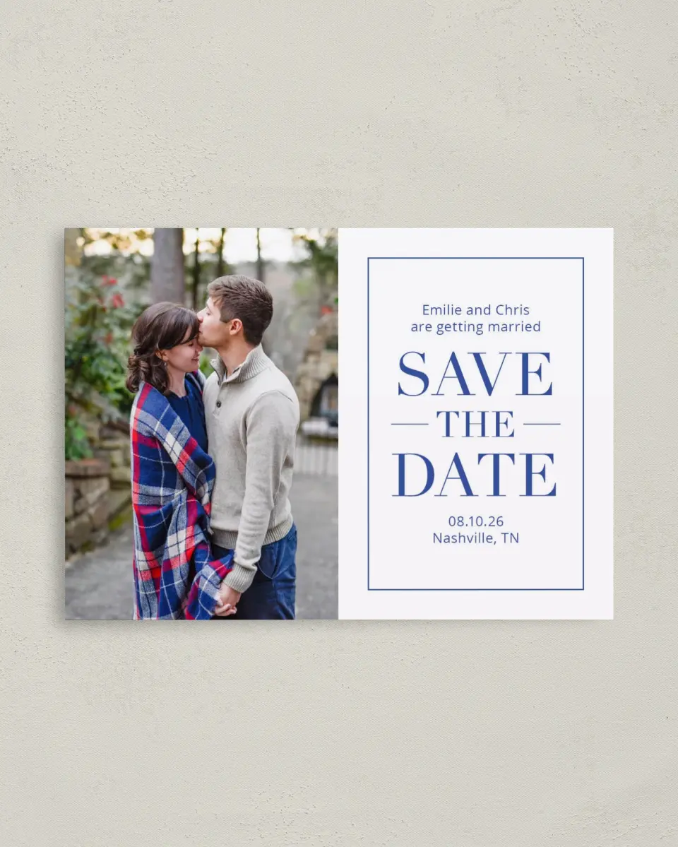 This is a 4" x 5.6" Save the Date Postcard called Totally In Love printed in full color on Soft Touch Finish paper