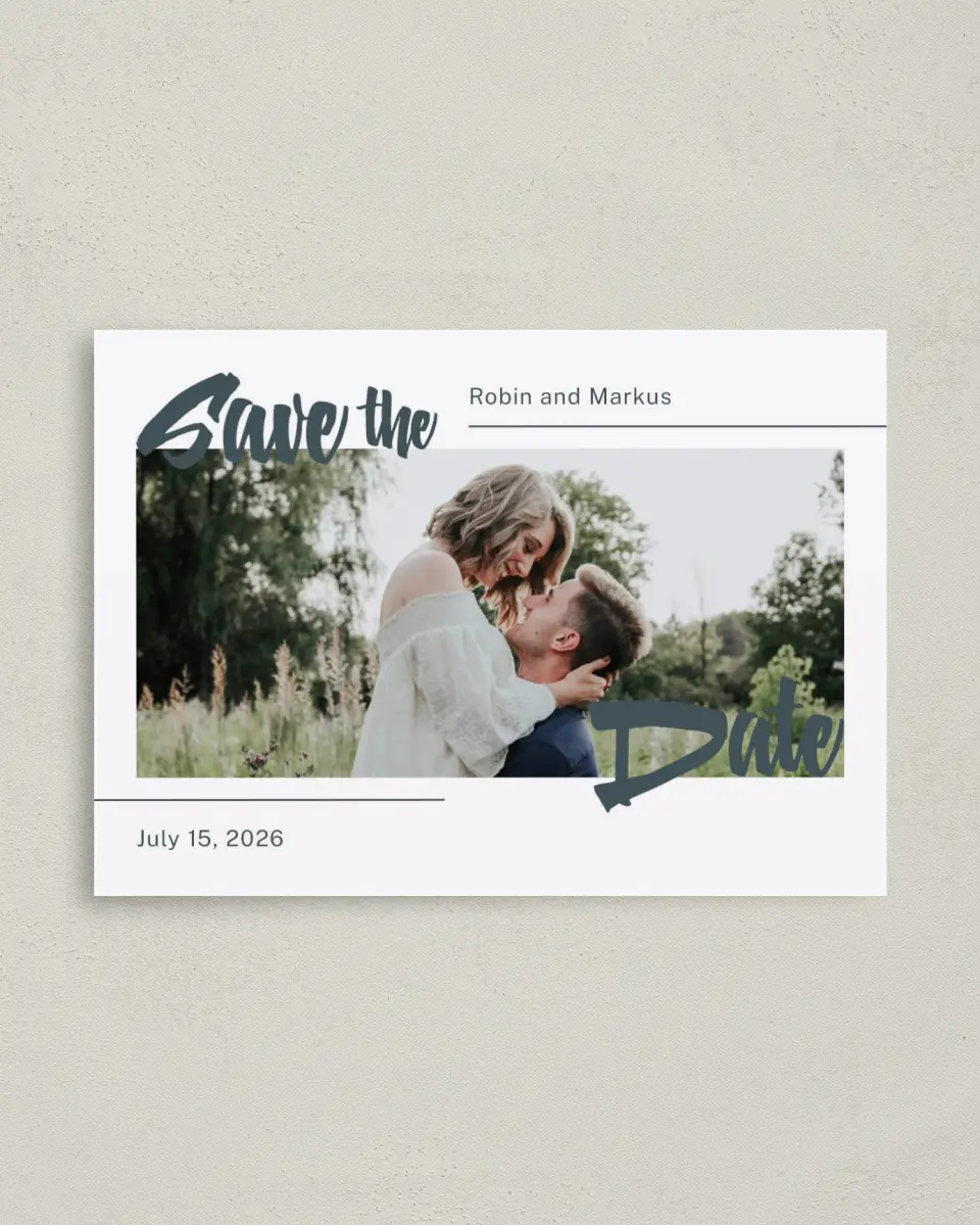This is a 4" x 5.6" Save the Date Postcard called Radiant Bliss printed in full color on Soft Touch Finish paper