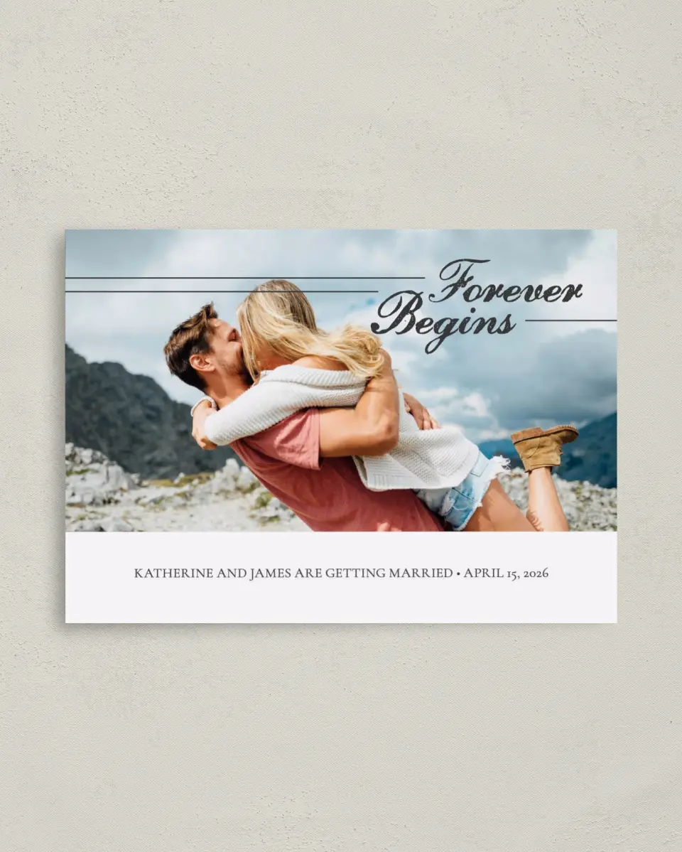 This is a 4" x 5.6" Save the Date Postcard called Our Prelude printed in full color on Soft Touch Finish paper