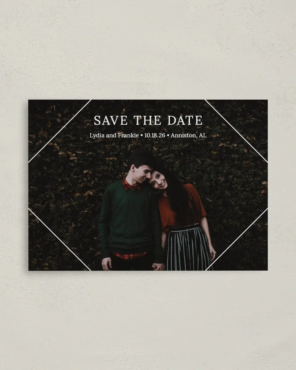This is a 4" x 5.6" Save the Date Postcard called Intertwined Diamond printed in full color on Soft Touch Finish paper