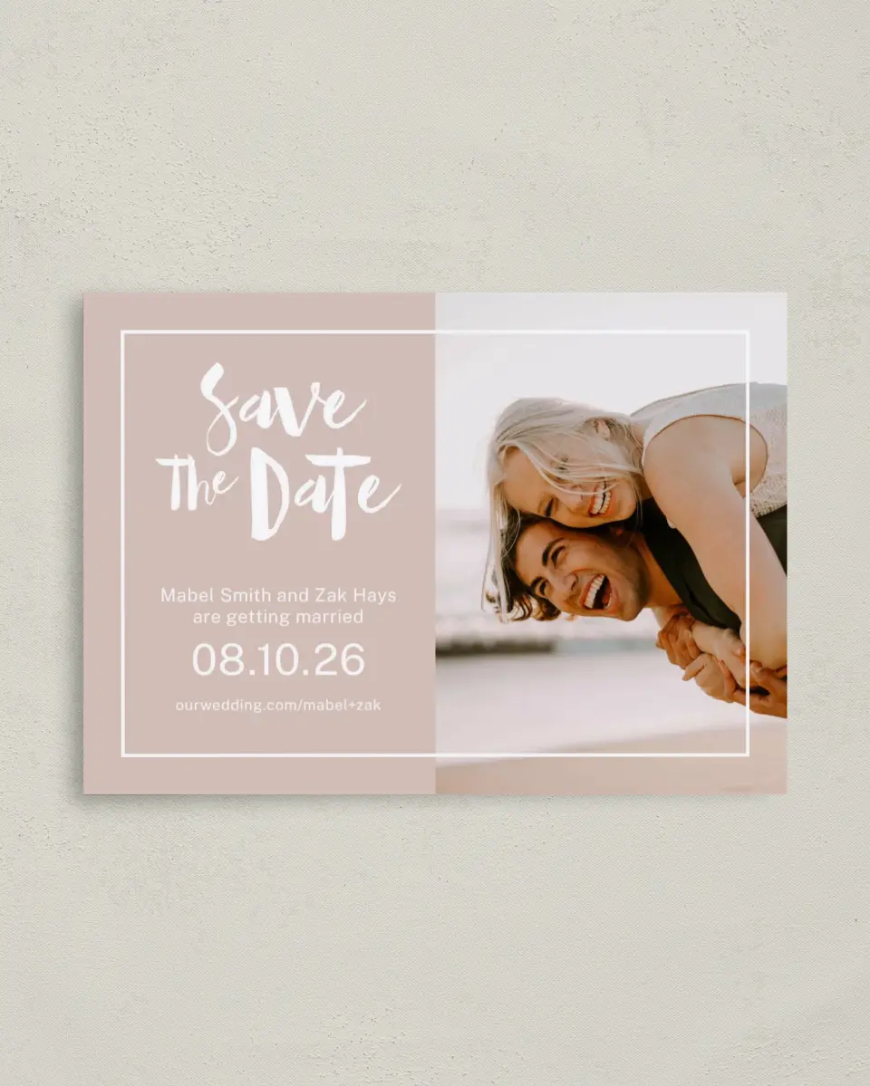This is a 4" x 5.6" Save the Date Postcard called A Perfect Fit printed in full color on Soft Touch Finish paper