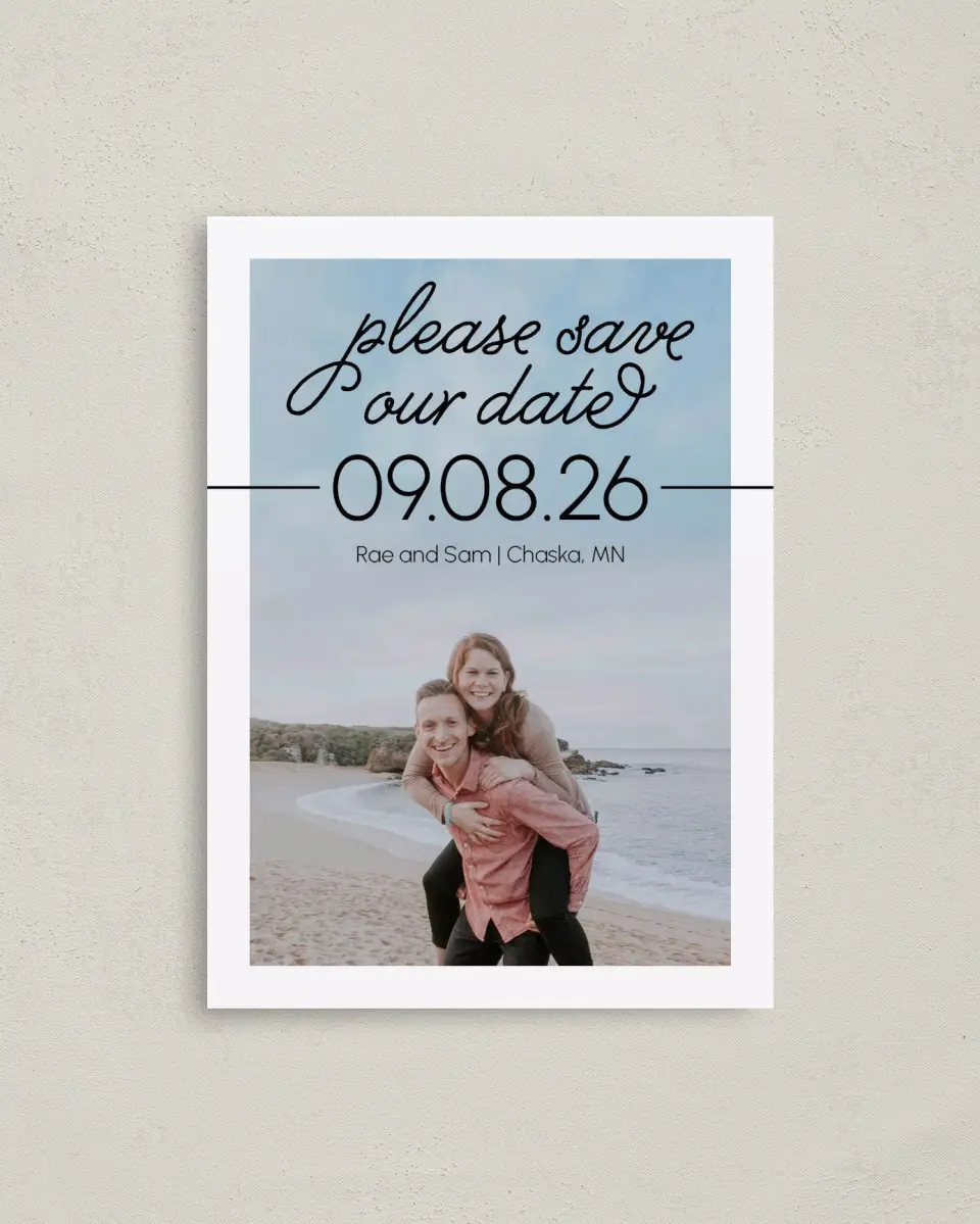 This is a 4" x 5.6" Save the Date Postcard called Dreamy Moment printed in full color with Rose Gold foil on Soft Touch Finish paper