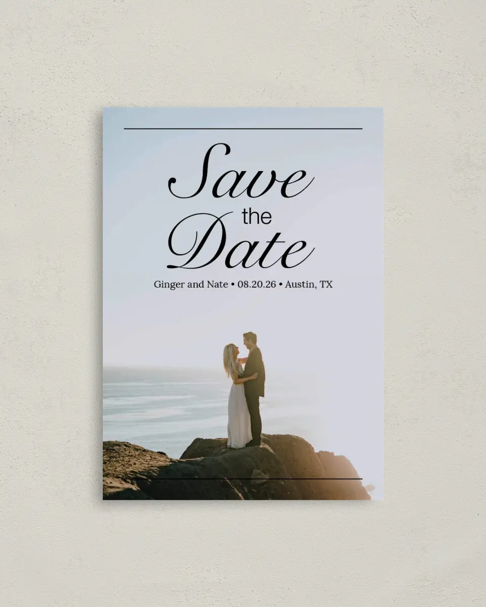 This is a 4" x 5.6" Save the Date Postcard called On Top of the World printed in full color on Soft Touch Finish paper