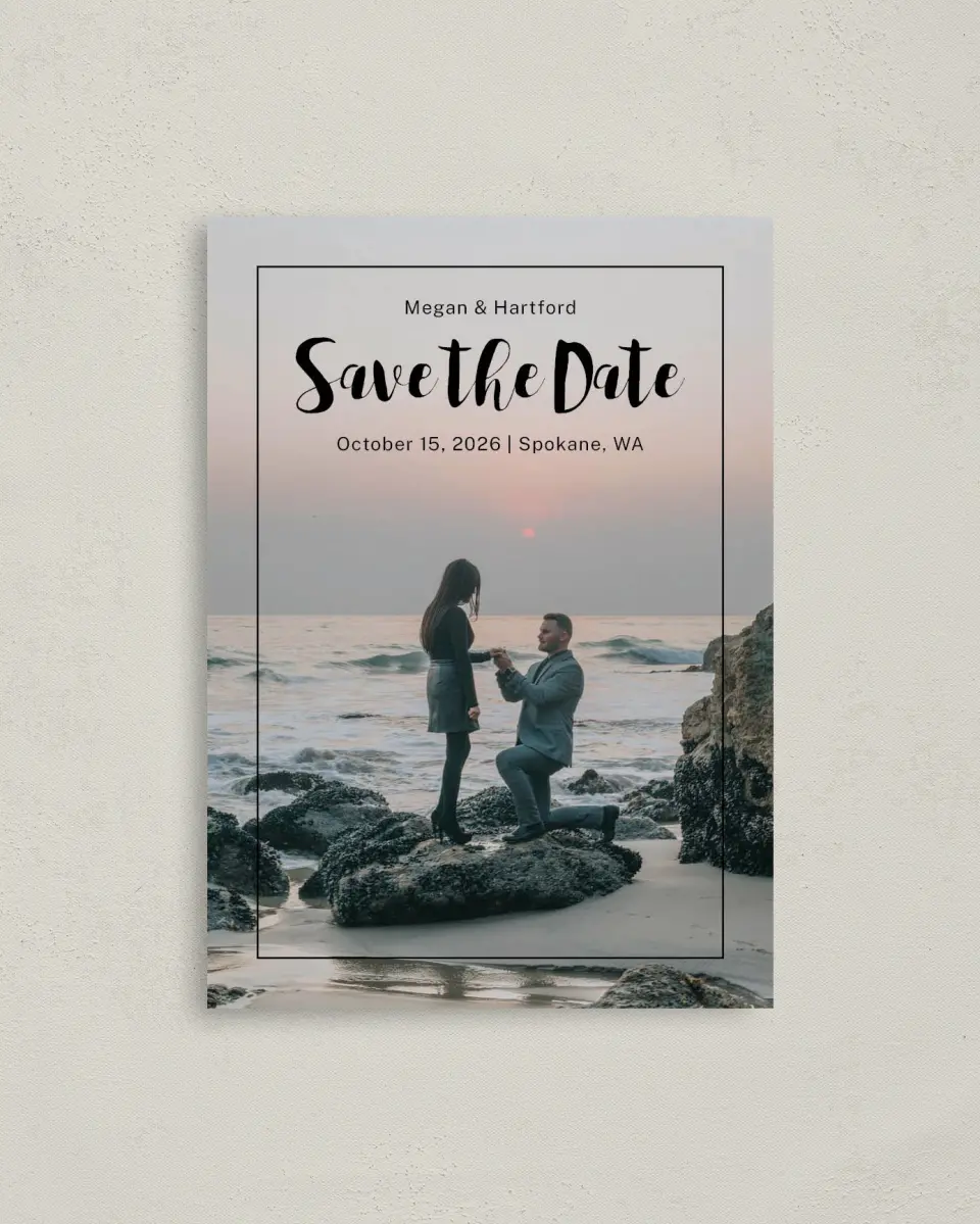 This is a 4" x 5.6" Save the Date Postcard called Tranquil Moment printed in full color with Rose Gold foil on Soft Touch Finish paper