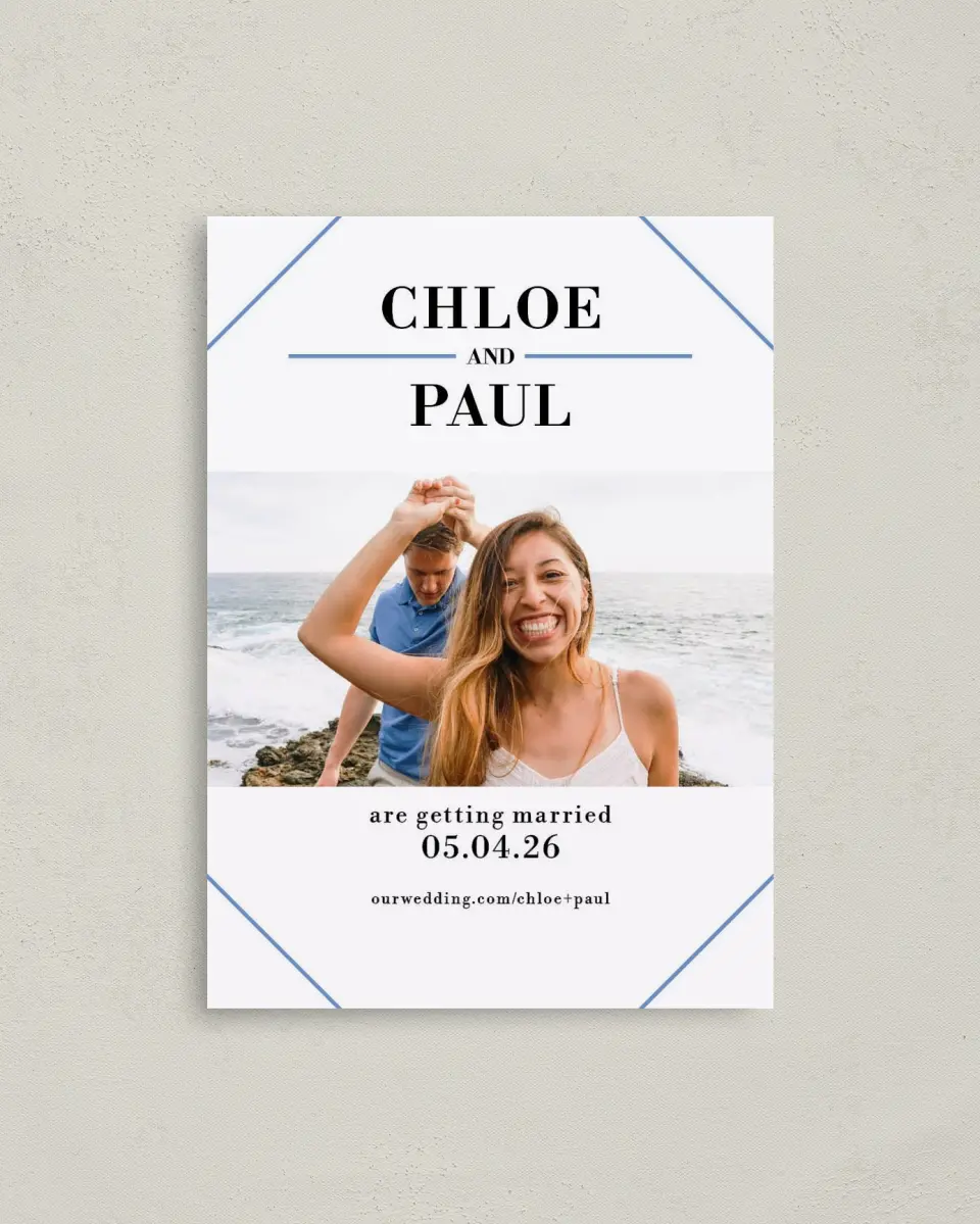 This is a 4" x 5.6" Save the Date Postcard called Splendid Occassion printed in full color on Soft Touch Finish paper