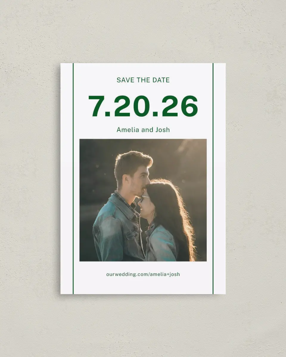 This is a 4" x 5.6" Save the Date Postcard called Standout Date printed in full color with Rose Gold foil on Soft Touch Finish paper