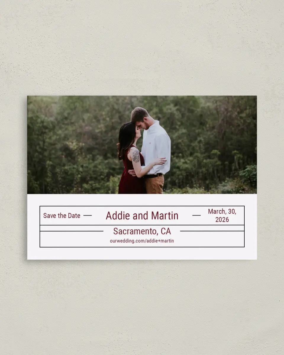 This is a 4" x 5.6" Save the Date Postcard called Simply Devoted printed in full color on Soft Touch Finish paper