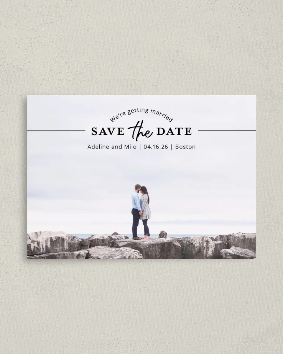 This is a 4" x 5.6" Save the Date Postcard called Rock Solid printed in full color on Soft Touch Finish paper