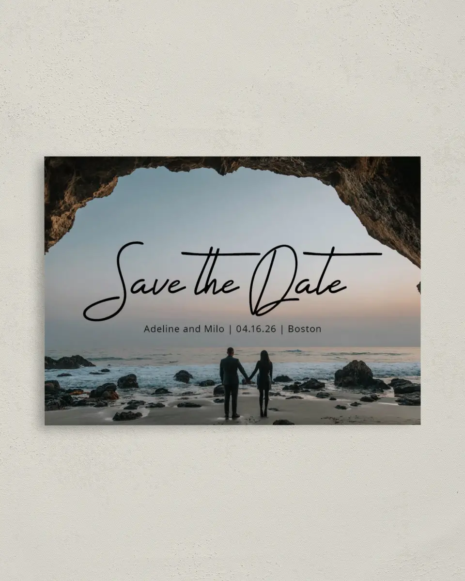 This is a 4" x 5.6" Save the Date Postcard called Hidden Cove printed in full color on Soft Touch Finish paper