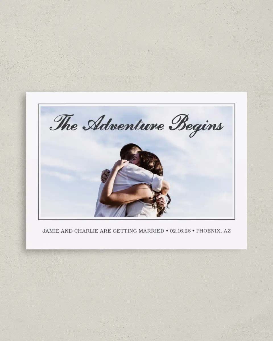 This is a 4" x 5.6" Save the Date Postcard called Totally Us printed in full color on Soft Touch Finish paper