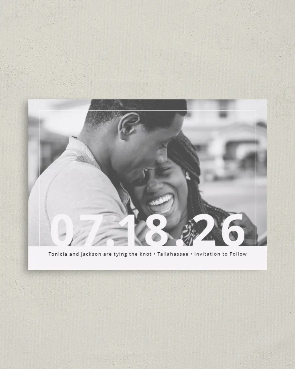 This is a 4" x 5.6" Save the Date Postcard called Now + Forever printed in full color on Soft Touch Finish paper