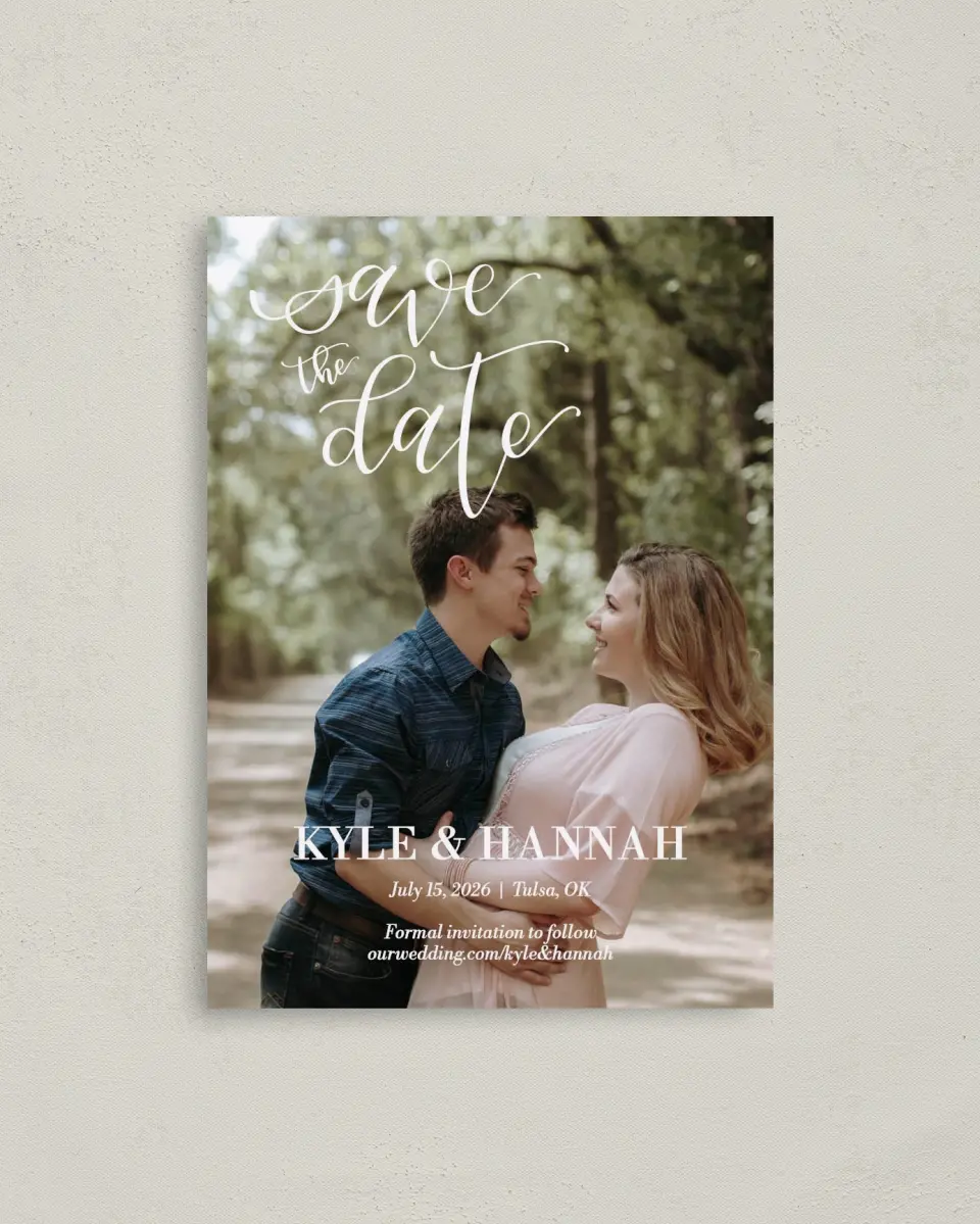 This is a 4" x 5.6" Save the Date Postcard called Timeless Treasure printed in full color with Rose Gold foil on Soft Touch Finish paper